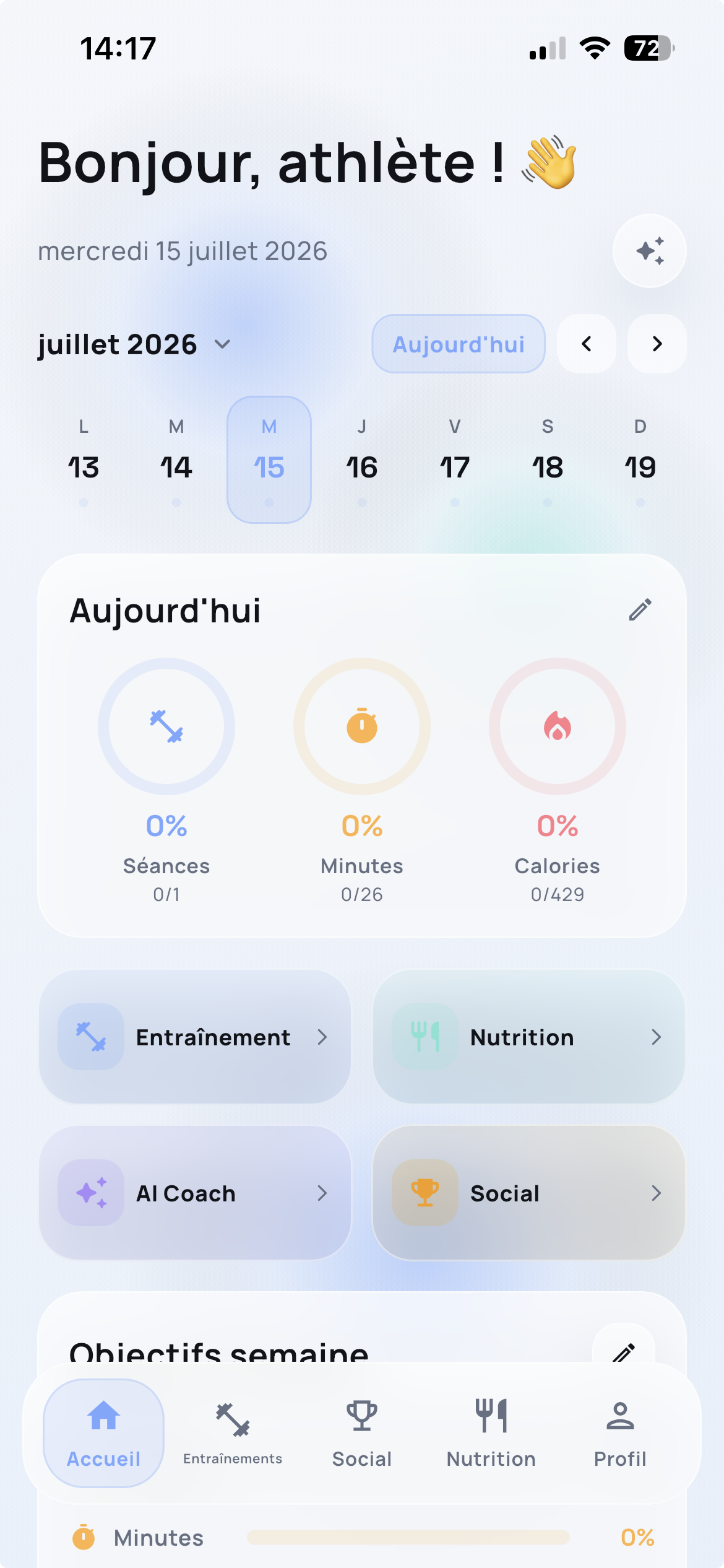 Écran d’accueil réel de l’application IronMove